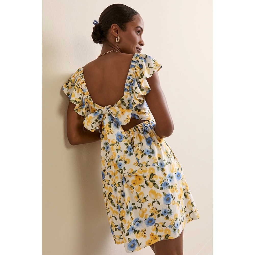 Francesca's Lemon Floral Cottagecore Sun Dress Puff Sleeve Amalfi Summer Sun SzM